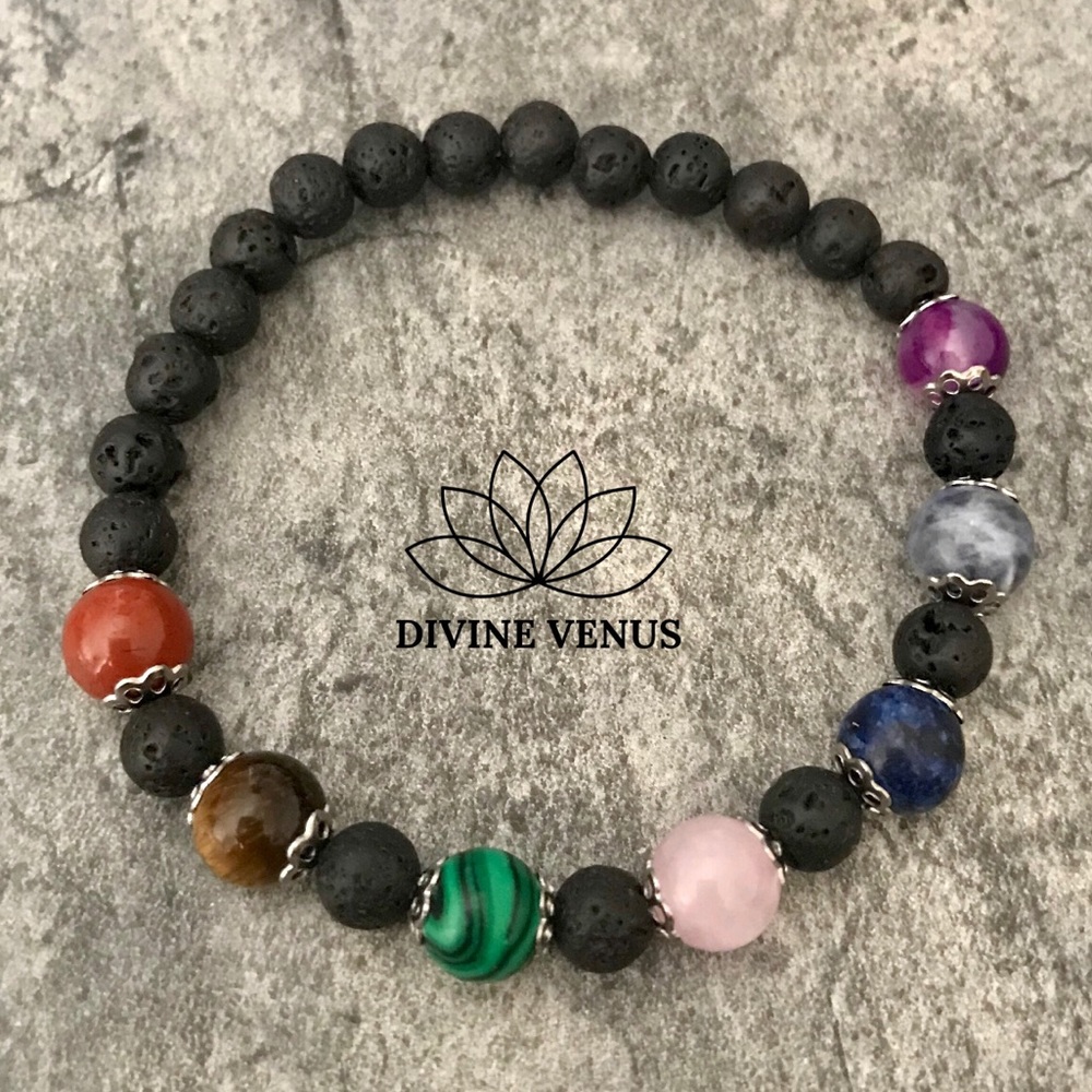 Chakra Stretch Bracelet - Gemstones & Lava Rocks